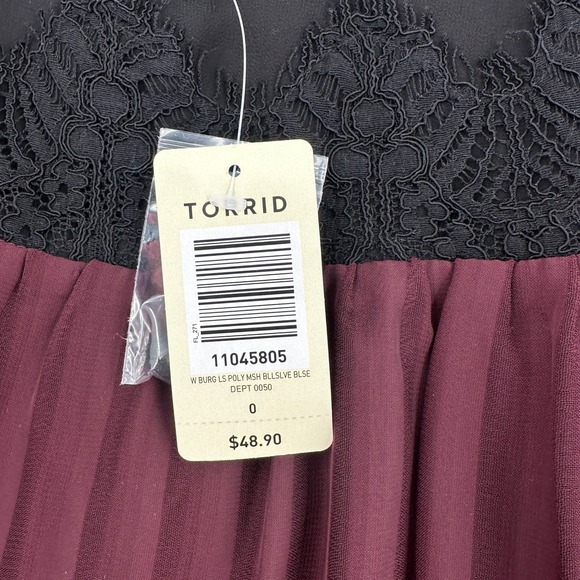 Torrid Womens Plus Sz 0 Burgundy Lace Trim Pleated Bell Sleeve Sheer Blouse Top - Picture 6 of 9
